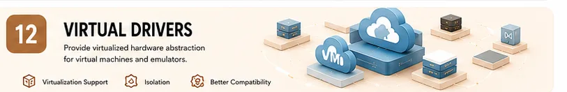 Virtual Device Drivers: Pretend to be hardware that doesn't exist — they power virtual machines, VPNs, virtual audio cables, and emulators.