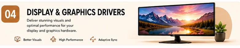 Display & Graphics Drivers: Among the most-updated drivers on your system — they unlock GPU power and drive every frame on your screen.