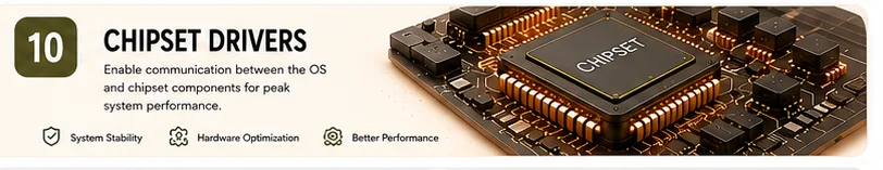 Chipset Drivers: Govern how every component on your motherboard talks to the others — install these first, always.